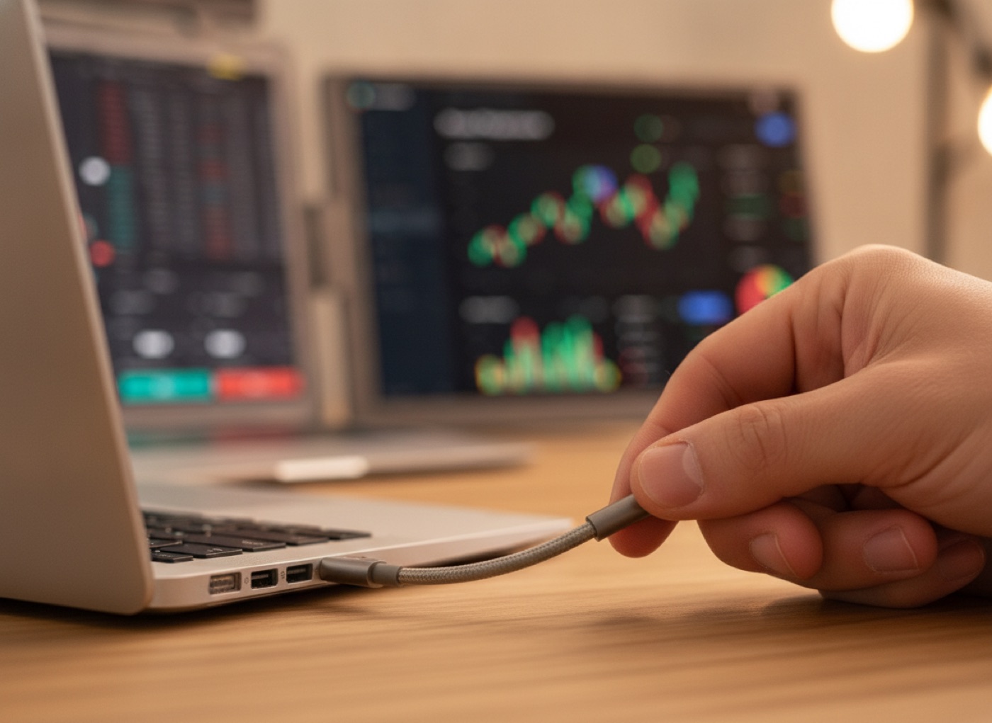 Nærbilde av USB-C-kabelen som kobles til laptopen — plug and play